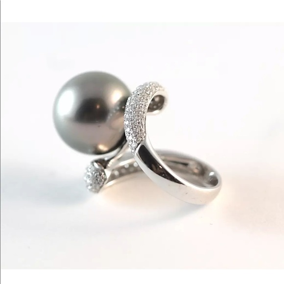 18k White Gold 14.8mm Tahitian Pearl Diamond Ring - Picture 7 of 8